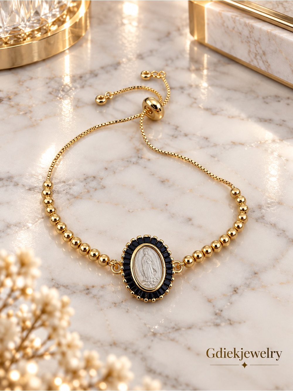 Gold Filled and Black Virgin Mary Bead Bracelet